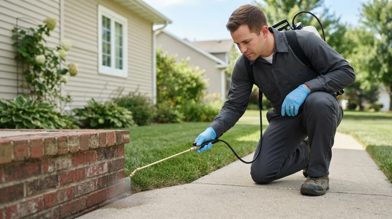 Pest control technician treating a home near Cantua Creek, CA